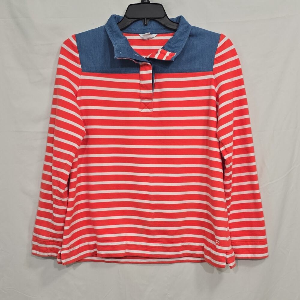 Crown & Ivy Harper Womens XL Peach White Blue Striped Knit Long Sleeve Polo